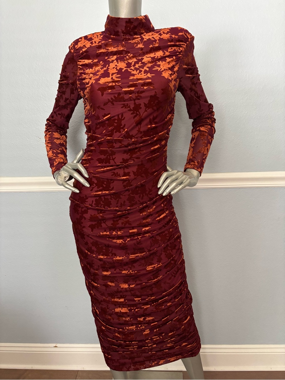 Belle by Badgley Mischka Kendall Velvet Burnout Ruched Dress Copper NWT 4